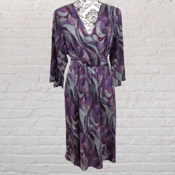 VTG NorthStyle Womens Purple Geo.Print Stretch Zip Tie Waist Midi Sheath Dress S - Picture 1 of 12